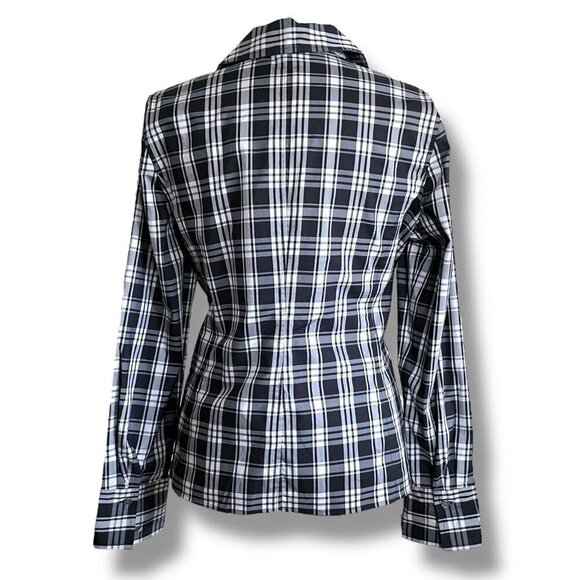 Talbots Womens Blouse Sz 12 Black White Plaid Stretch Cotton Faux Wrap Top Shirt - Picture 6 of 7